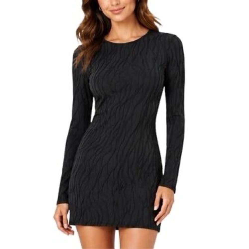 Commense Womens Black Textured Wavy Long Sleeve Bodycon Mini Dress XS